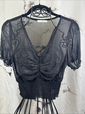 Timing Sheer V-Neck Cropped Top Black Mesh Short Ruffled Sleeve Ruched Bodice